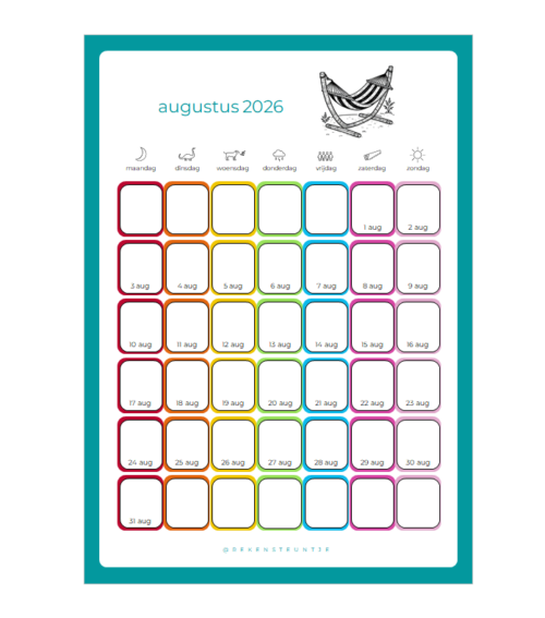 maandkalenders 2026 ma-zo augustus Maandkalenders 2026 ma-zo