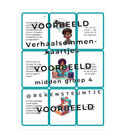 voorbeeldafbeelding verhaalsommenkaartjes midden 4 Quizkaarten verhaalsommen (midden groep 4)