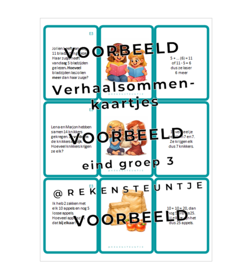 voorbeeldafbeelding verhaalsommenkaartjes eind 3 Quizkaarten verhaalsommen (eind groep 3)